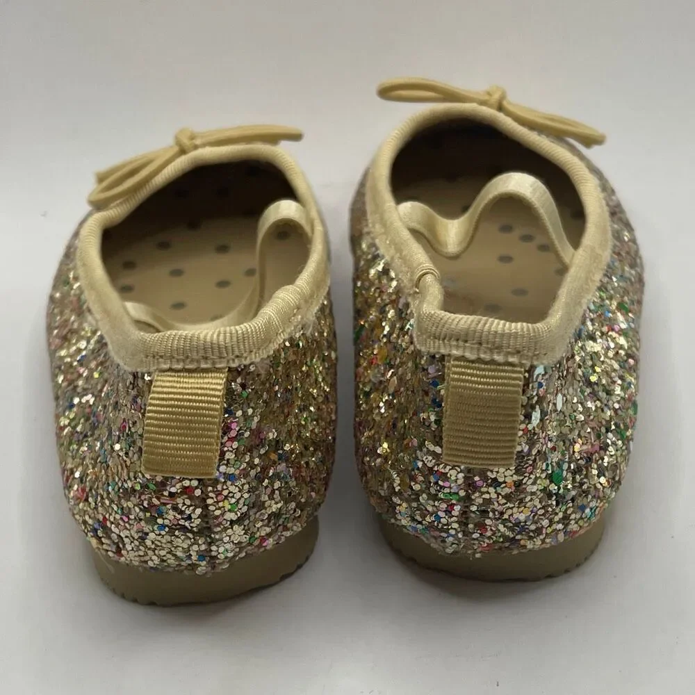 Cat & Jack Girls Size 5 Glitter Ballet Flats Gold Bow Sparkly Slip-On Dress Shoe
